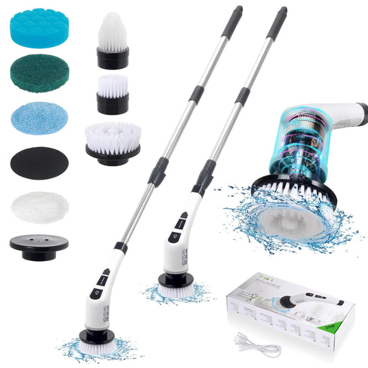 SYSAMA Electric Spin Scrubber Brush Household Cleaning Brushes with 7 Replaceable Brush Heads 2 Speeds Bathtub Shower Scrubber with Adjustable Extension Handles for Bathroom Kitchen Tile Floor